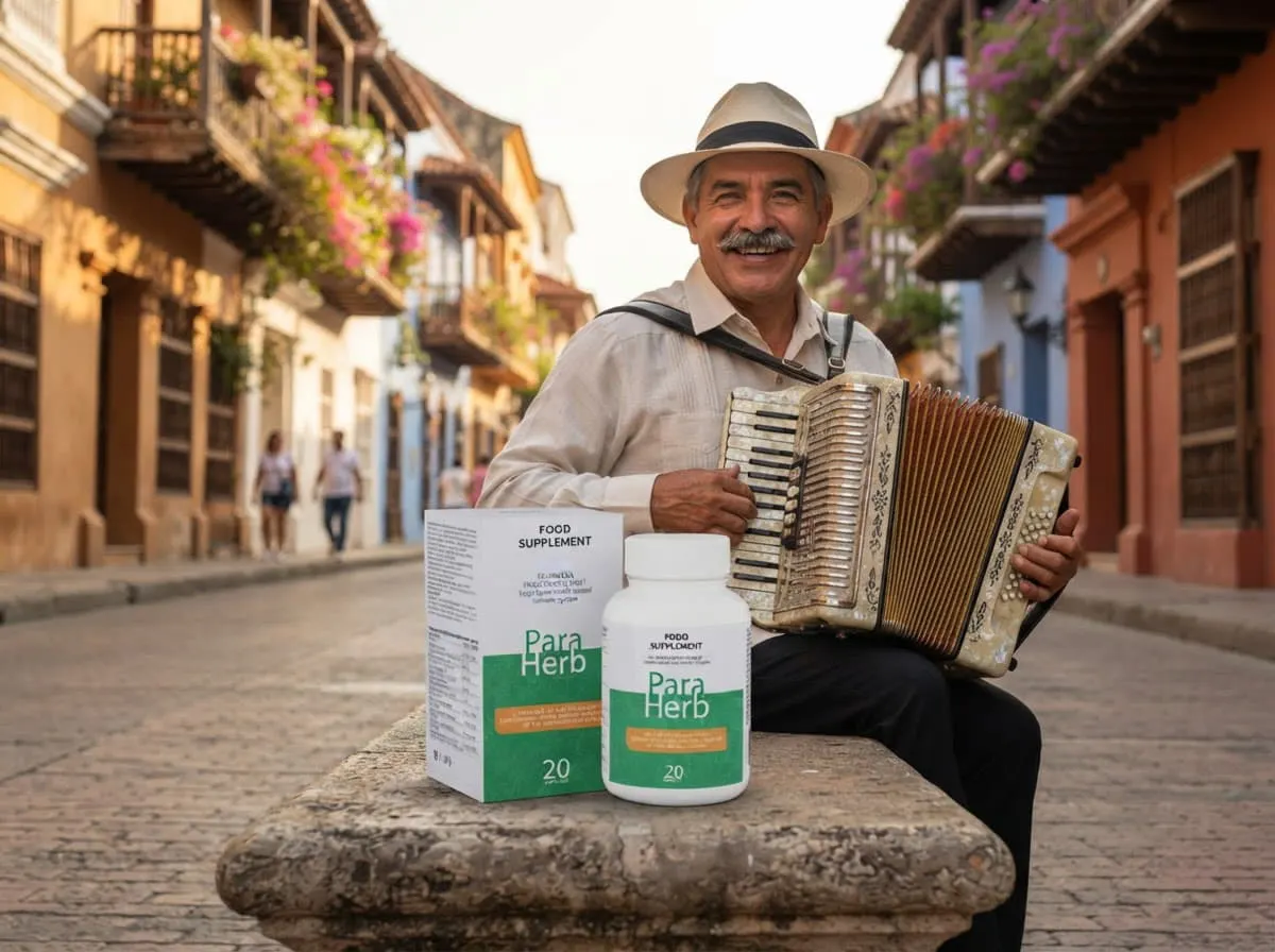 Músico con acordeón en una calle de Cartagena y la caja de ParaHerb