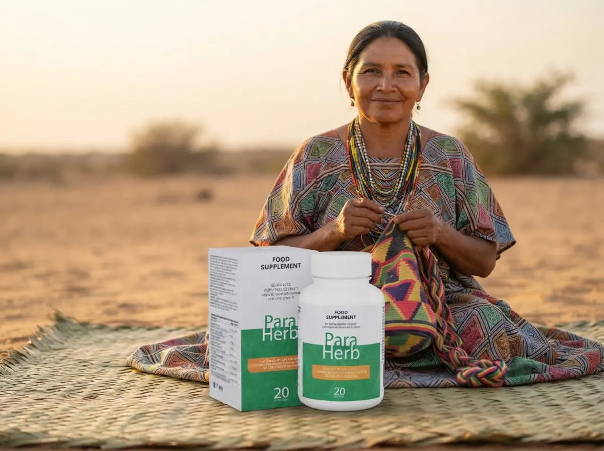 Artesana wayuu tejiendo, con ParaHerb al frente