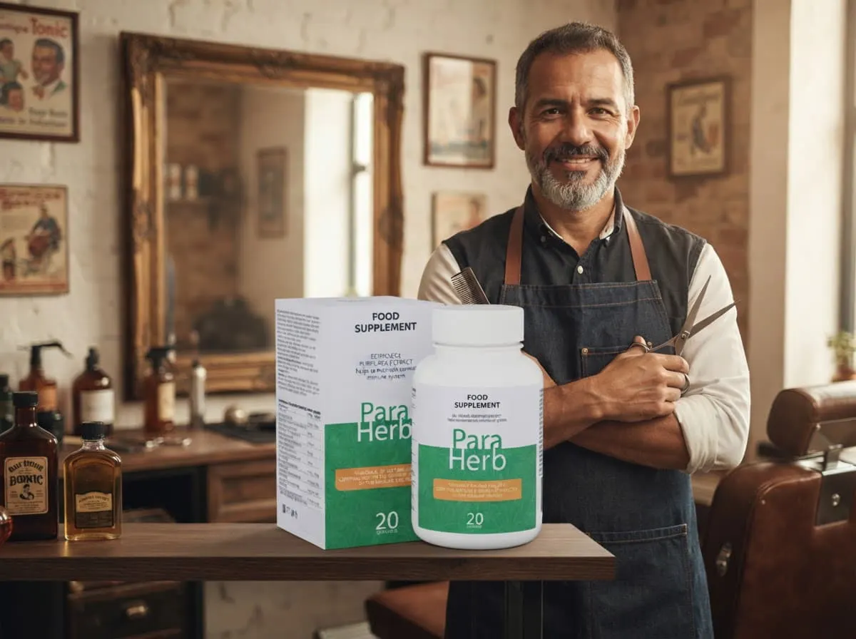 Barbero en su local con la caja y el frasco de ParaHerb junto al espejo