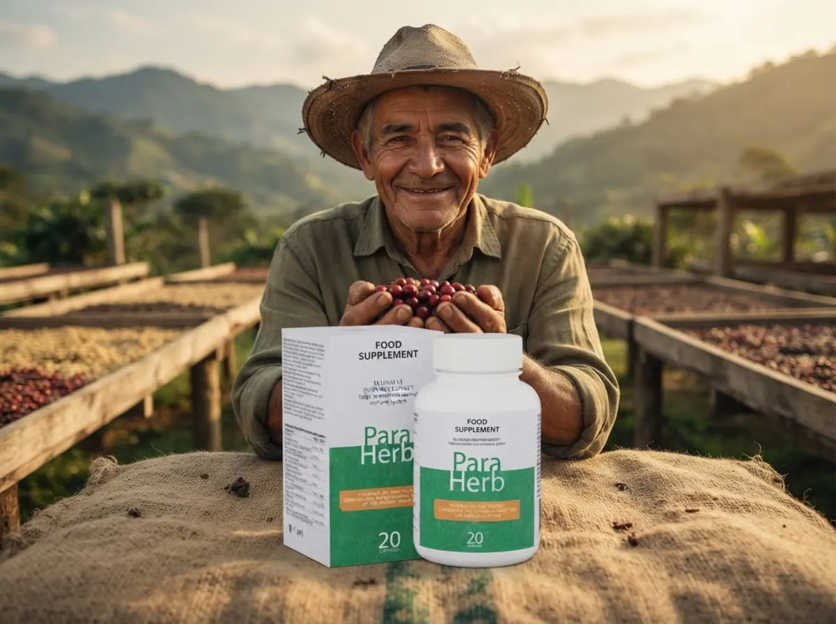 Caficultor mayor con la caja y el frasco de ParaHerb en su finca, listo para empezar el día
