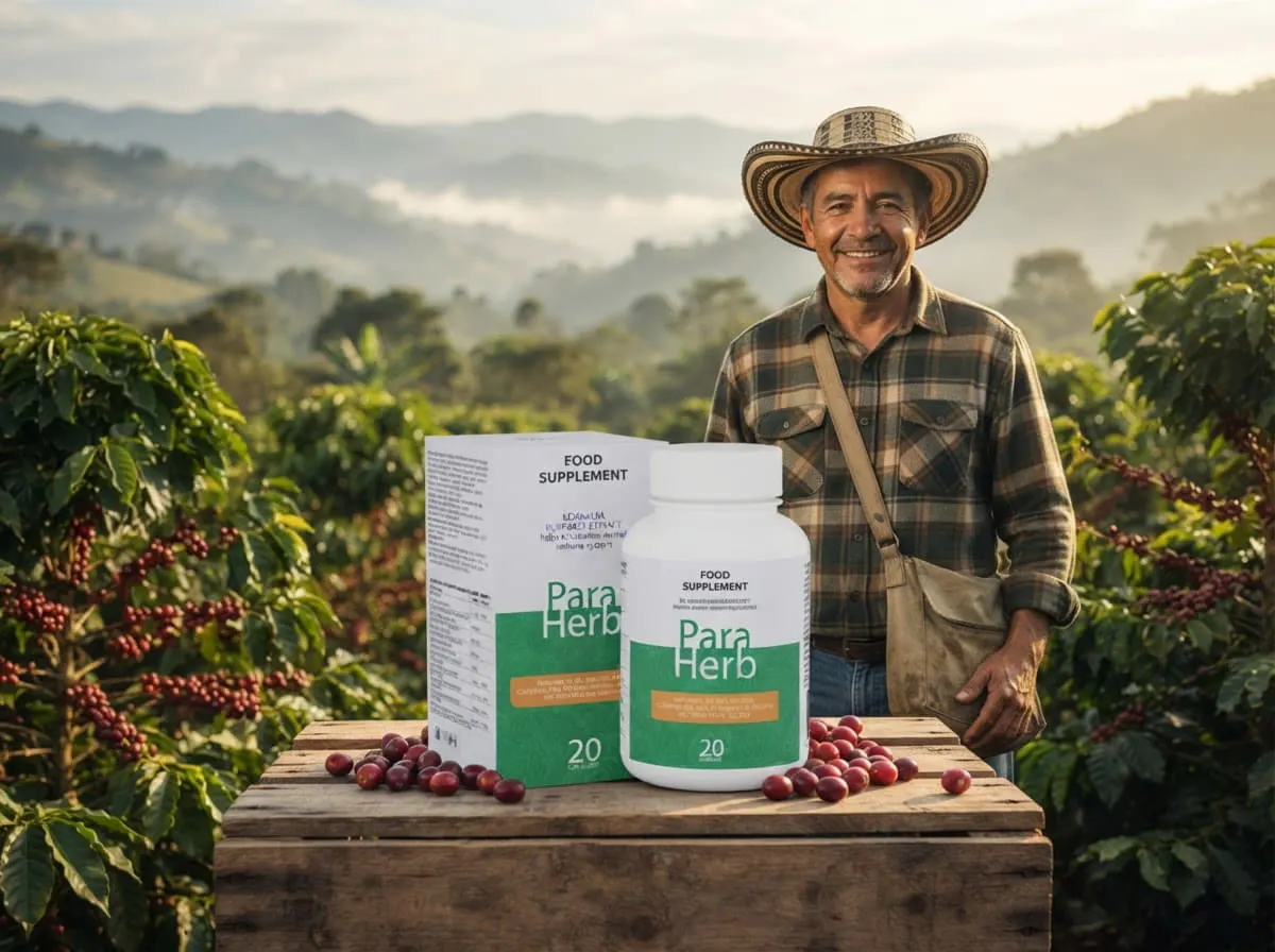 Caficultor colombiano en su finca con la caja y el frasco de ParaHerb