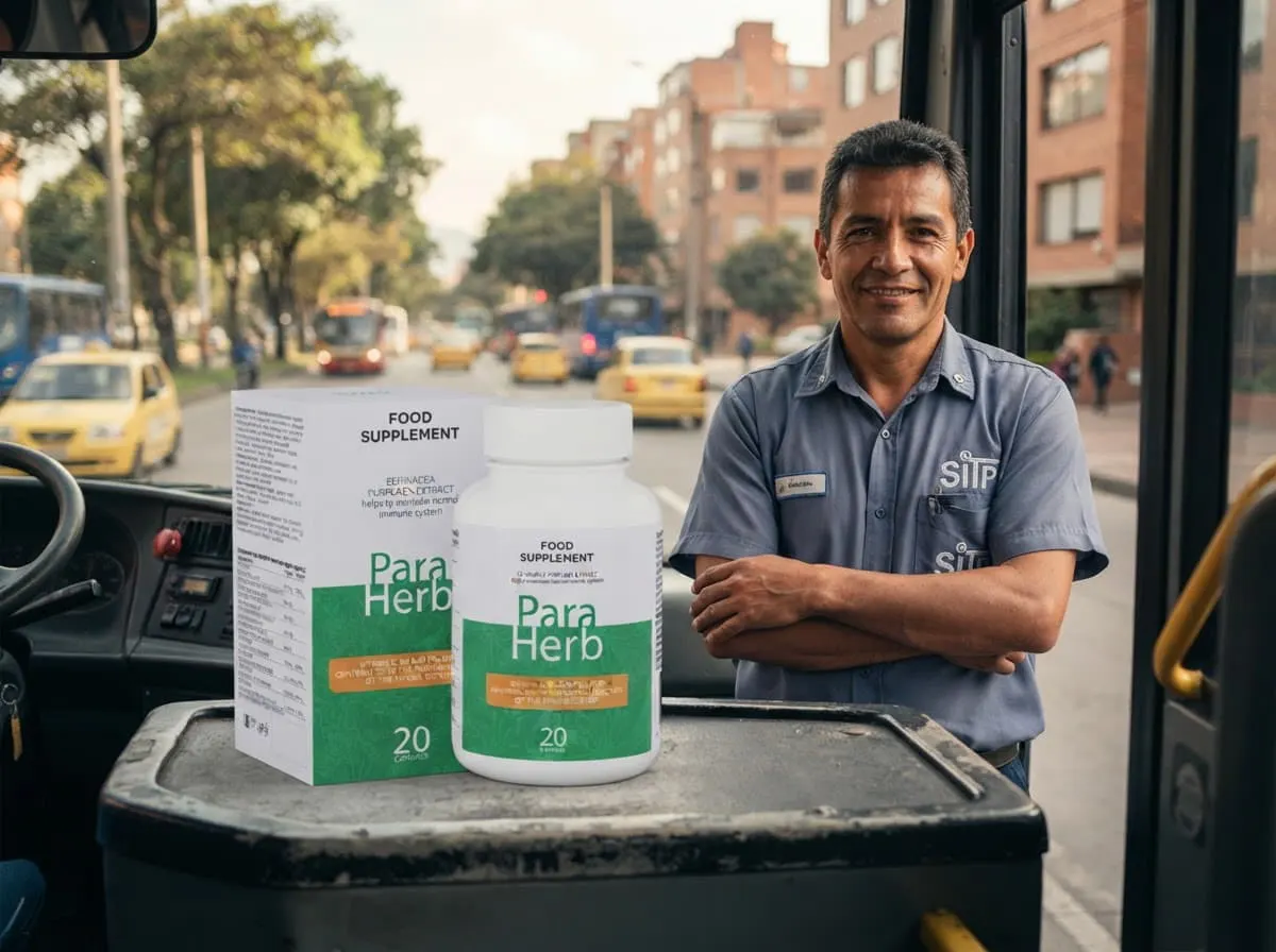 Conductor de bus colombiano con la caja y el frasco de ParaHerb junto al volante, listo para recibir la llamada del asesor