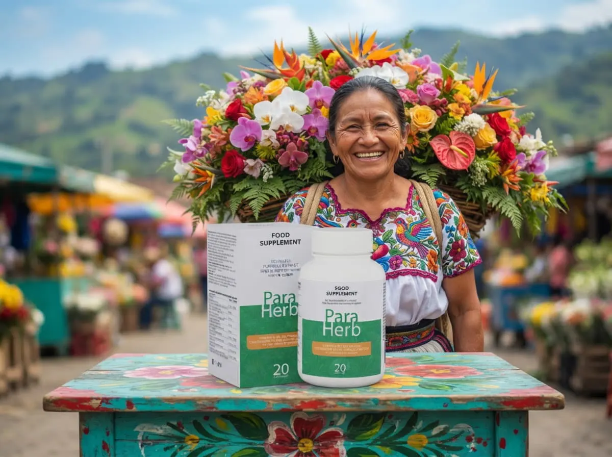 Vendedora de flores de Medellín junto a la caja y el frasco de ParaHerb