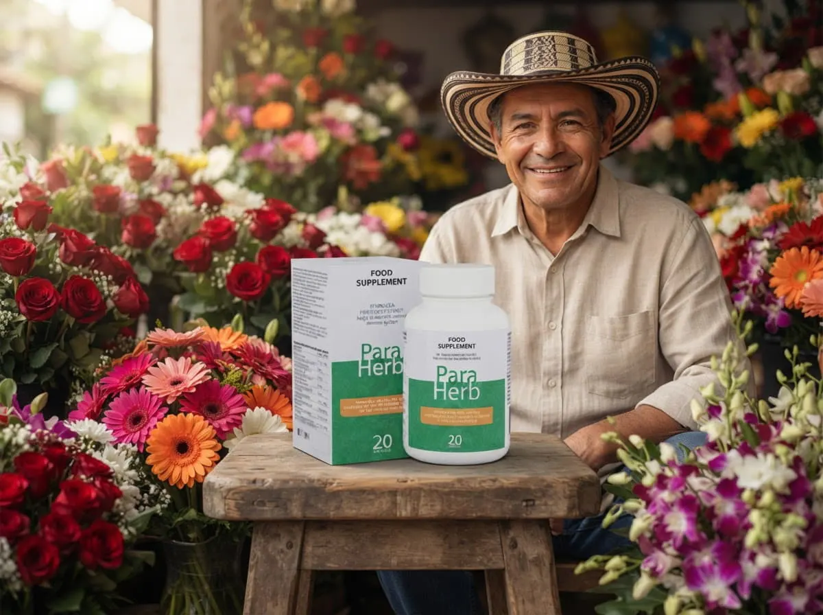 Hombre con sombrero vueltiao entre flores y la caja de ParaHerb