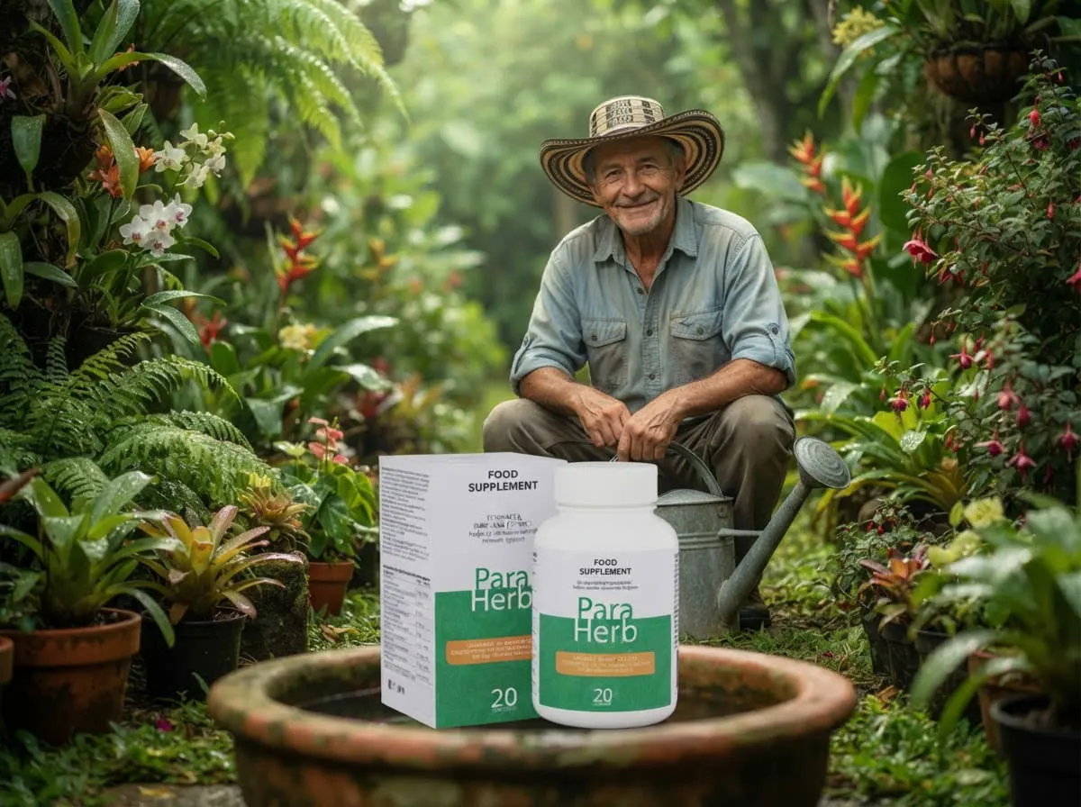 Jardinero colombiano con hierbas frescas en su huerta y la caja y el frasco de ParaHerb sobre una mesa de madera