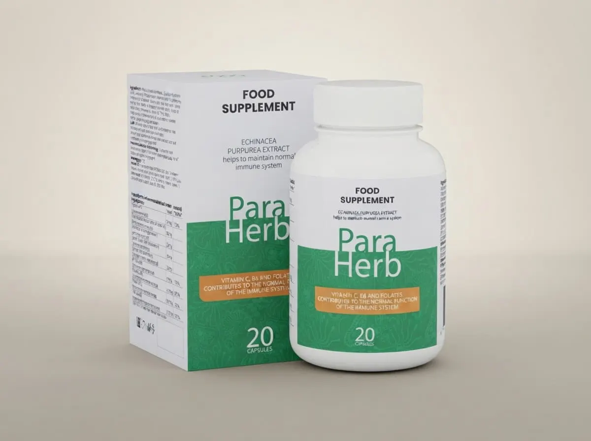 Frasco blanco con etiqueta verde y caja de ParaHerb sobre fondo claro, listos para leer la composición