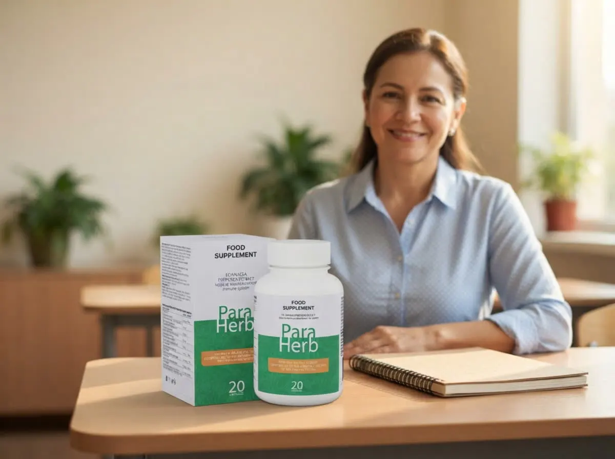 Maestra colombiana con la caja y el frasco de ParaHerb sobre su escritorio