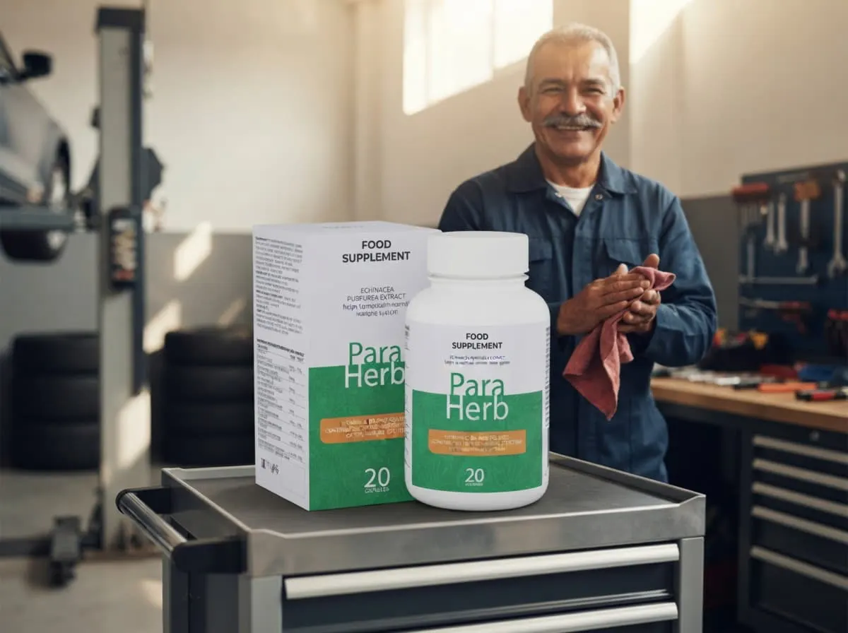 Mecánico colombiano en su taller con la caja y el frasco de ParaHerb sobre el banco de trabajo