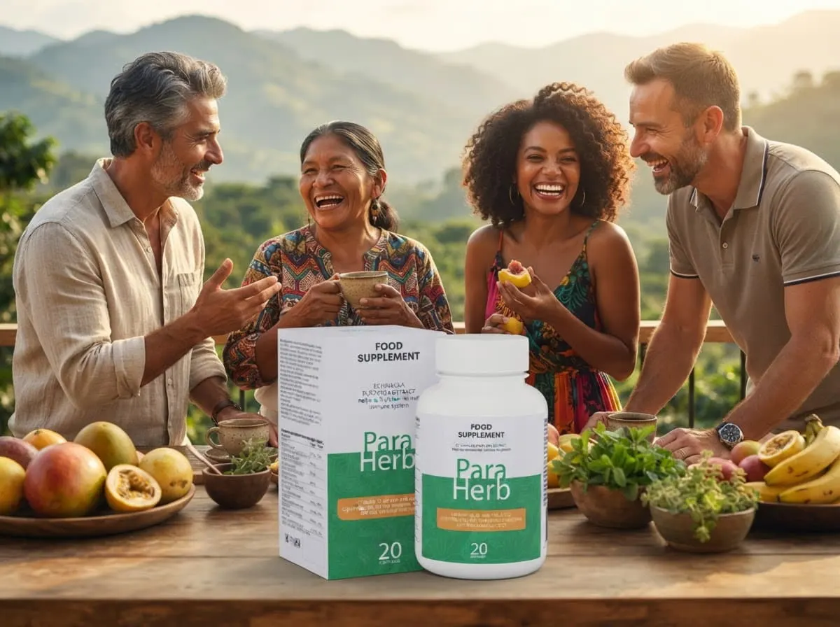 Mesa comunitaria colombiana con frutas, hierbas y el frasco y la caja de ParaHerb a la hora de las onces