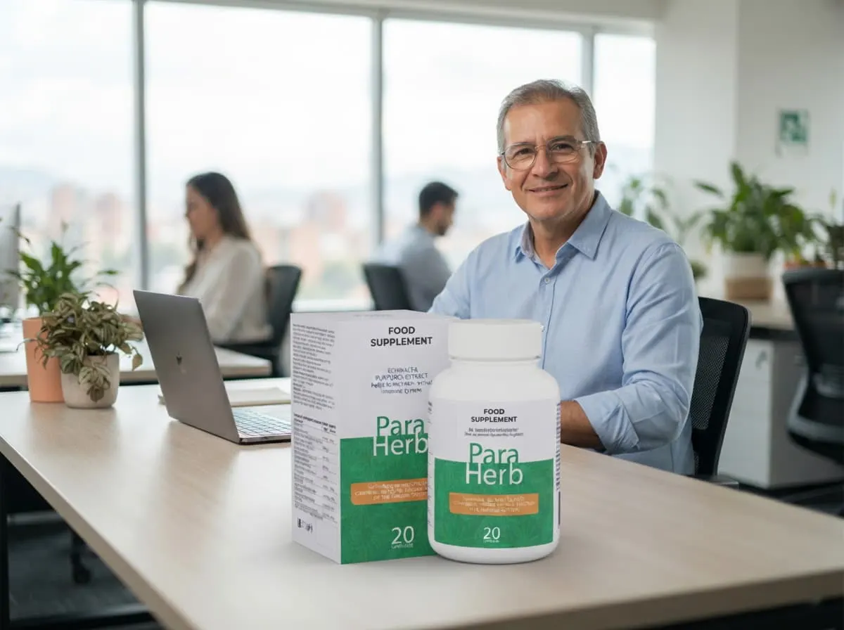 Oficinista de Bogotá en su escritorio con el frasco de ParaHerb