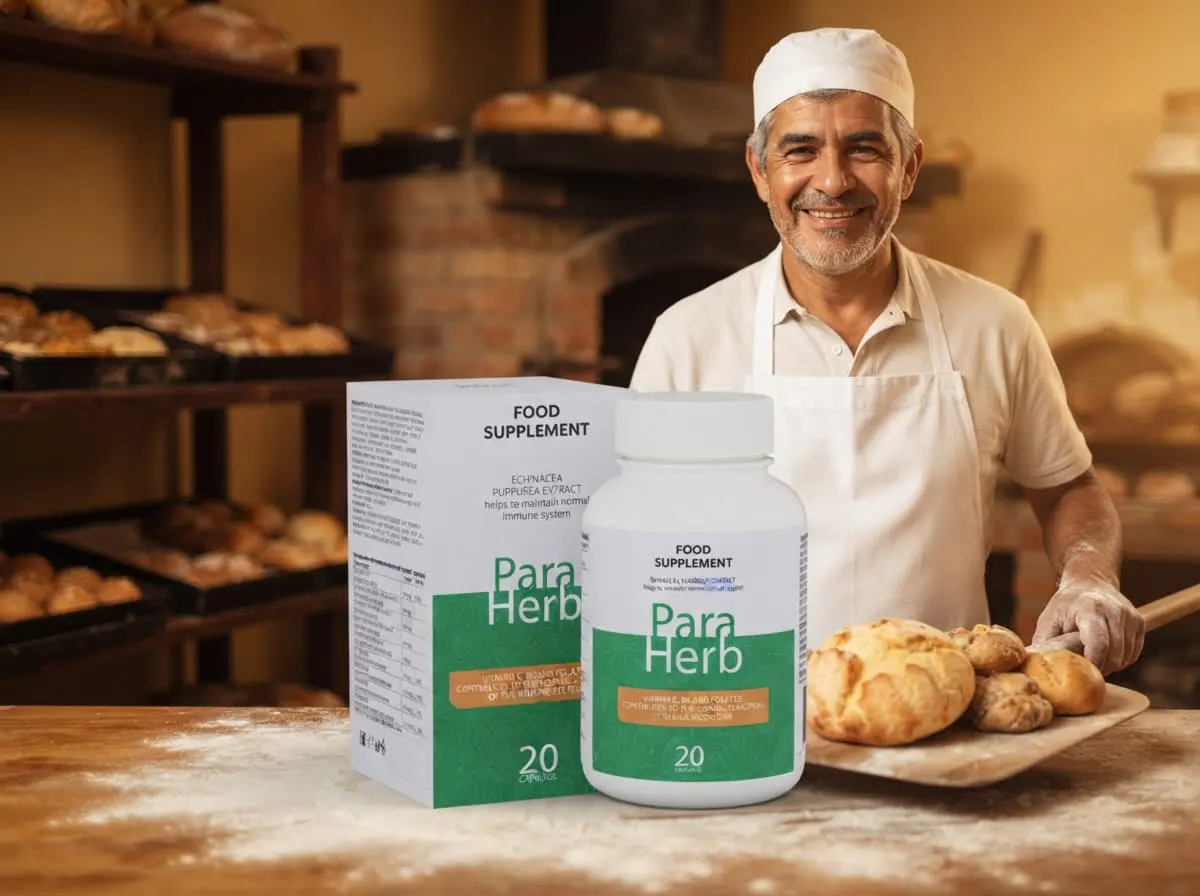 Panadero colombiano sacando pan del horno con la caja y el frasco de ParaHerb en su mesa de trabajo