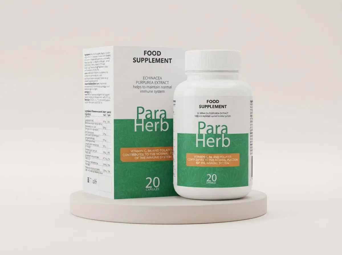 Frasco blanco con etiqueta verde y caja de ParaHerb sobre un pedestal claro, con el precio de $139.000 COP por frasco