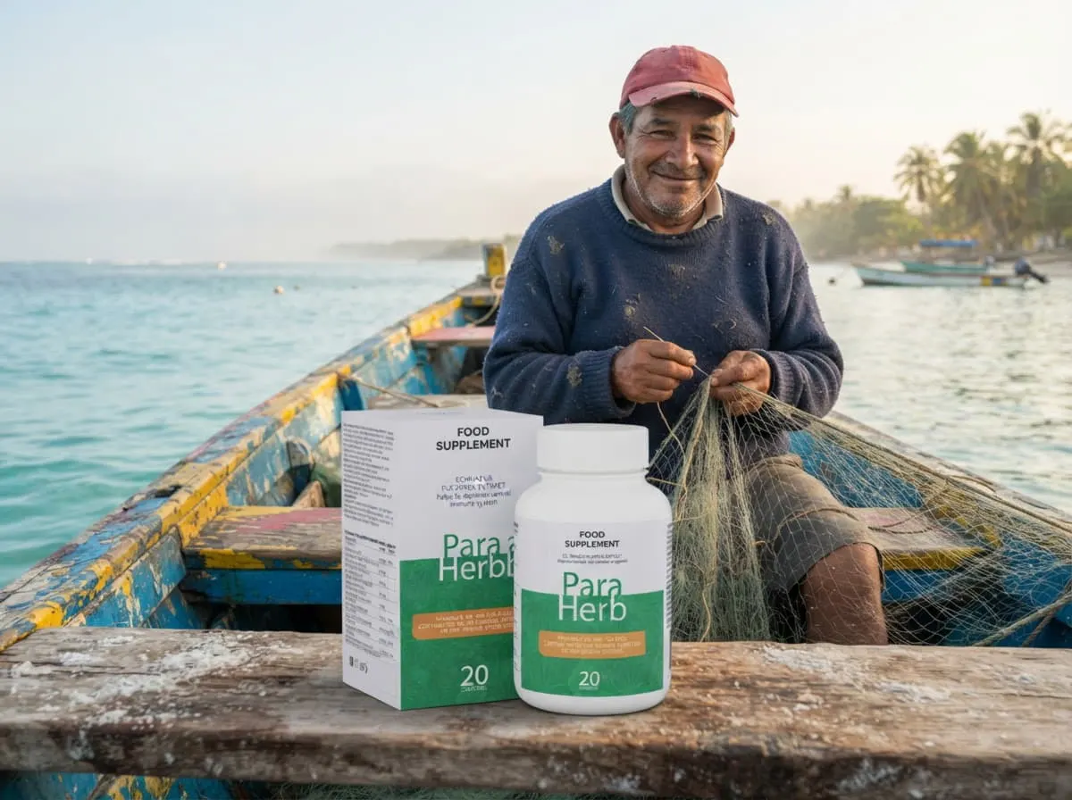 Pescador de la costa caribeña sonriendo junto a la caja y el frasco de ParaHerb