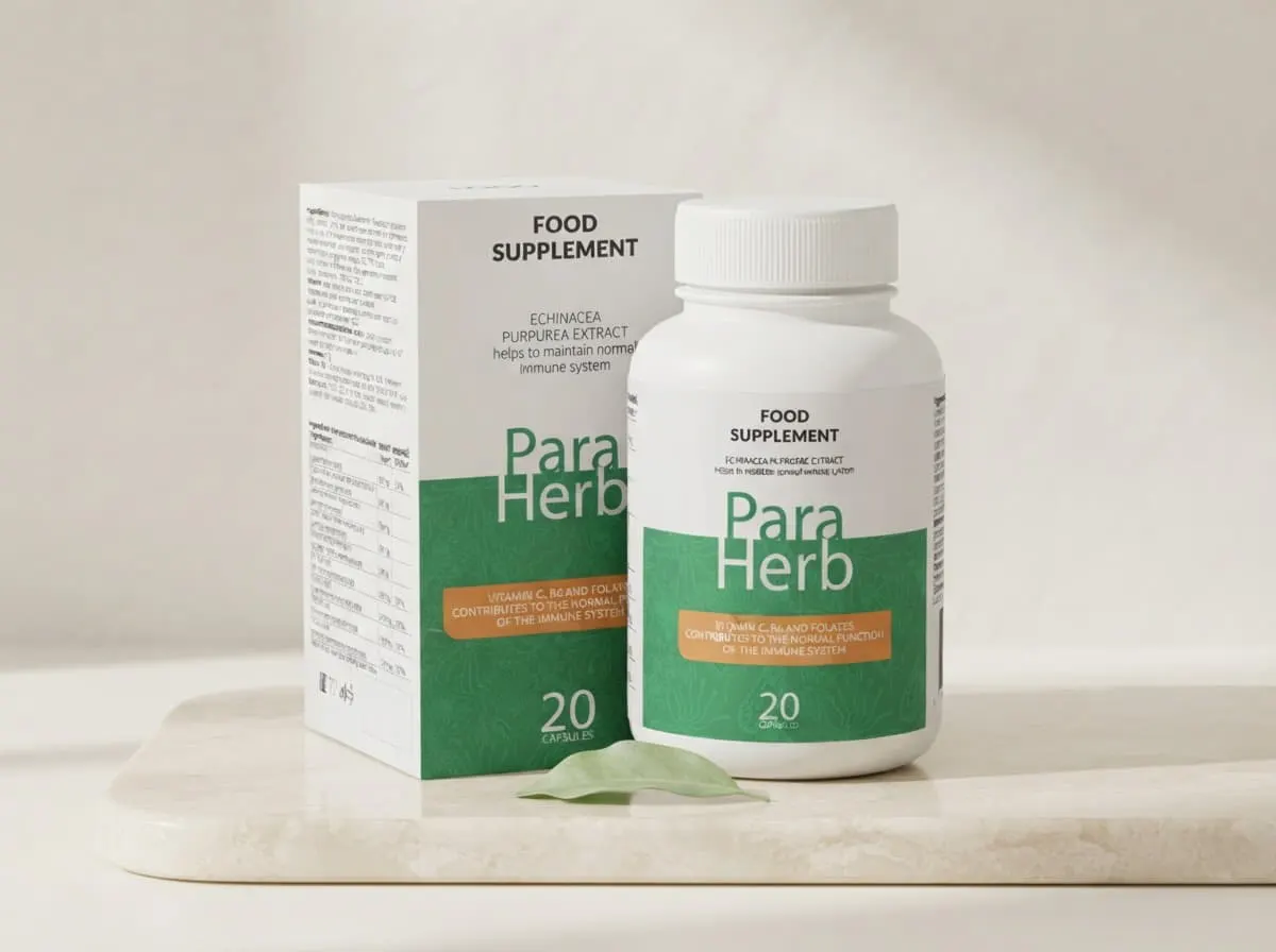 Frasco y caja de ParaHerb sobre mármol claro con sombra suave