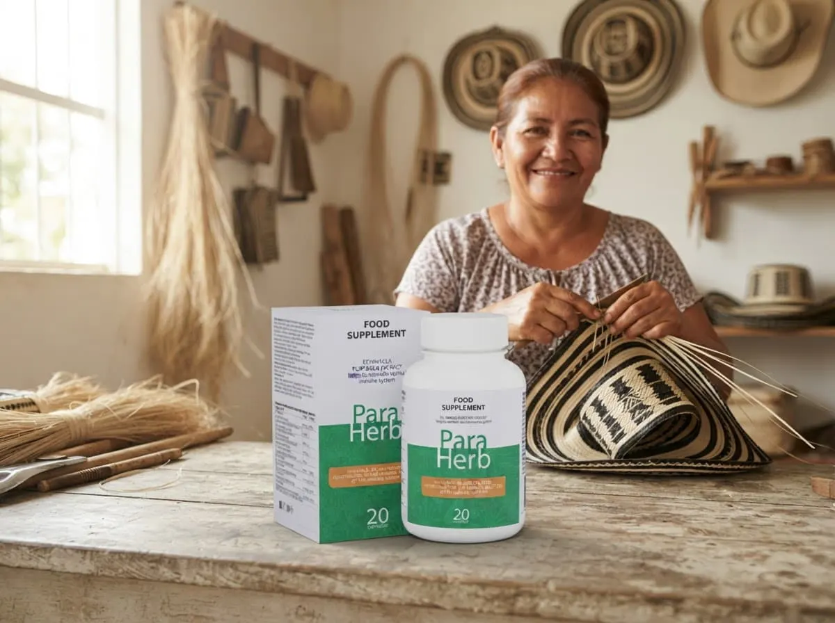Artesana de sombreros con la caja y el frasco de ParaHerb junto a sus sombreros