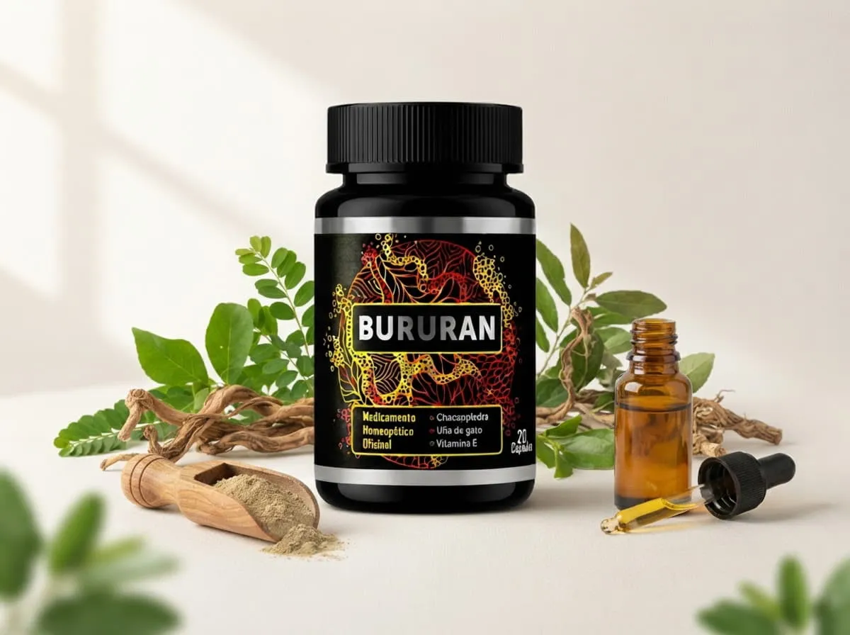 Frasco negro de Bururan sobre una mesa clara, junto a hojas verdes, raíces secas, una cuchara de madera y un gotero de vidrio ámbar