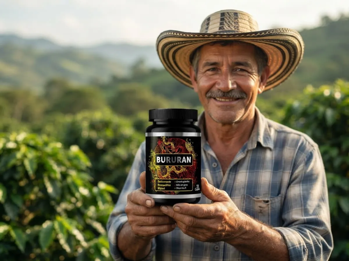 Caficultor con sombrero aguadeño sosteniendo un frasco de Bururan entre cafetales y montañas verdes de Colombia