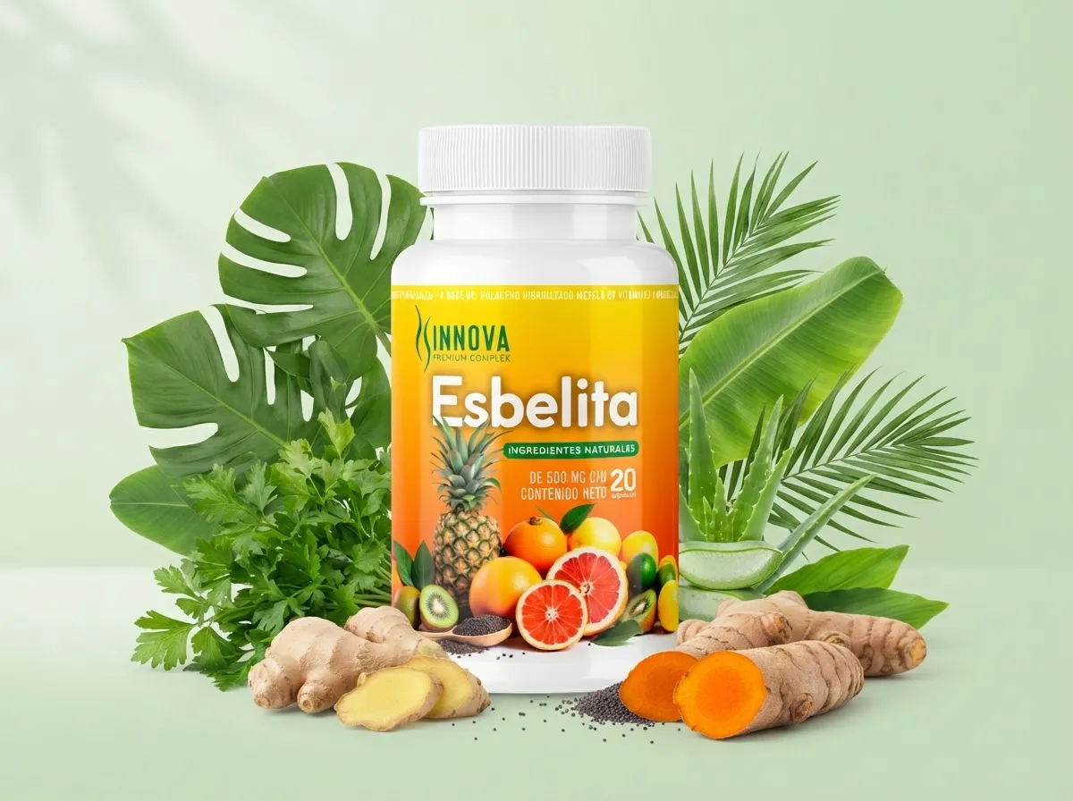 Frasco de Esbelita rodeado de hojas verdes, jengibre, cúrcuma y frutas cítricas sobre un fondo verde suave