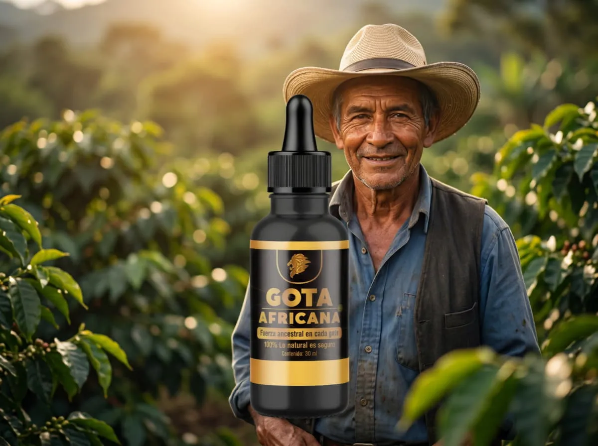 Caficultor colombiano con sombrero y chaleco, sonriendo junto al frasco de Gota Africana entre cafetales de montaña.