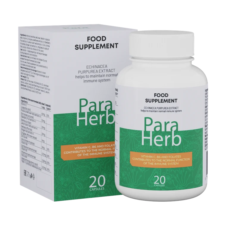 ParaHerb, suplemento para el sistema inmunológico: frasco y caja