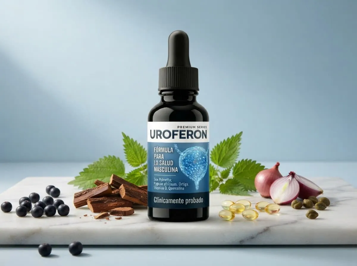 Frasco de Uroferon con gotero sobre mármol, rodeado de arándanos, cebolla morada, ortiga y corteza