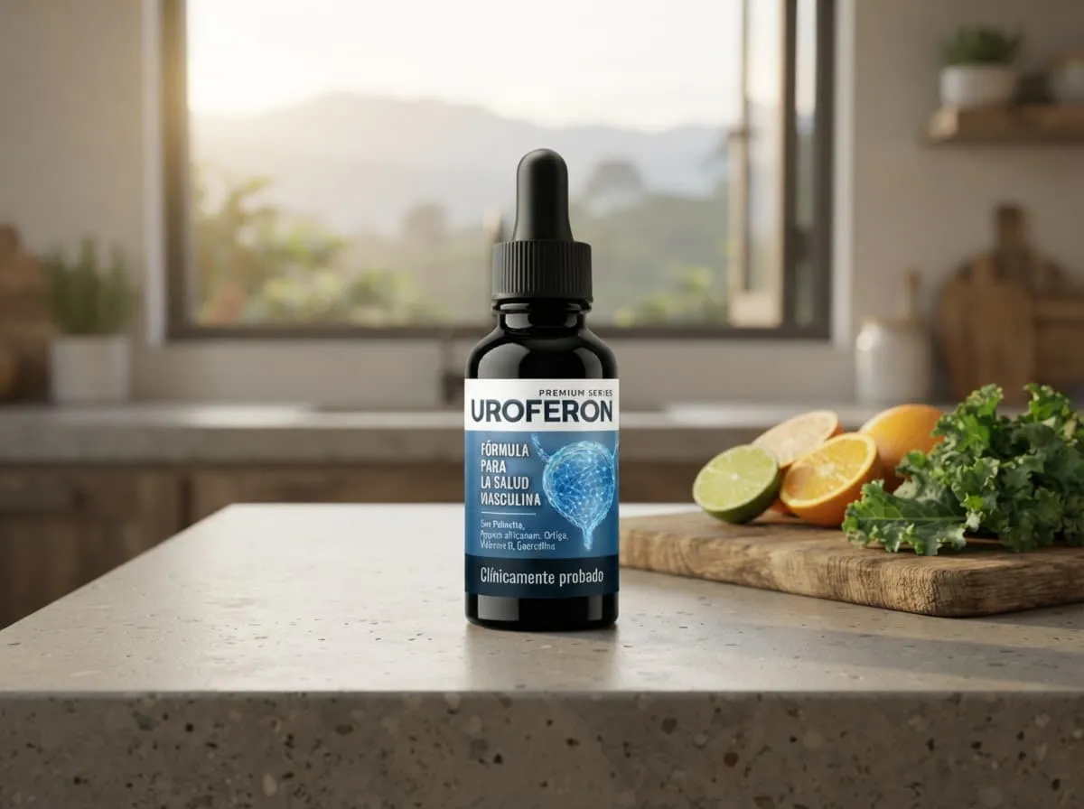 Frasco de Uroferon sobre una mesa de cocina junto a limones y hierbas, con montañas al fondo
