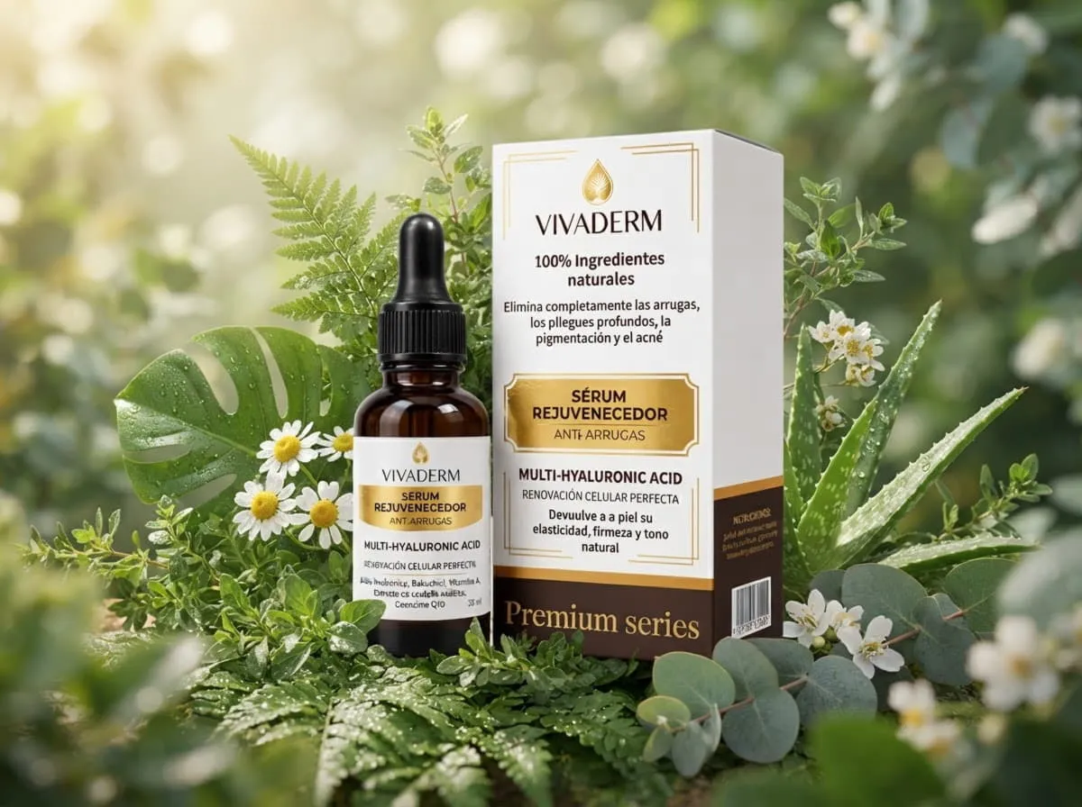 Frasco con gotero y caja de Vivaderm Serum entre hojas verdes, flores blancas y ramas de eucalipto