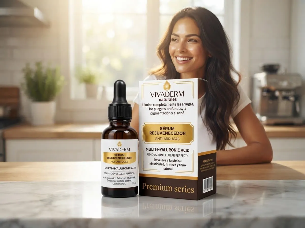 Mujer sonriente en una cocina luminosa con el frasco y la caja de Vivaderm Serum sobre el mesón, junto a la cafetera