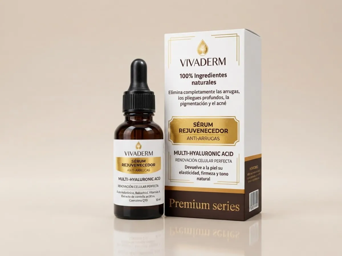 Frasco con gotero y caja de Vivaderm Serum sobre una superficie clara con fondo neutro