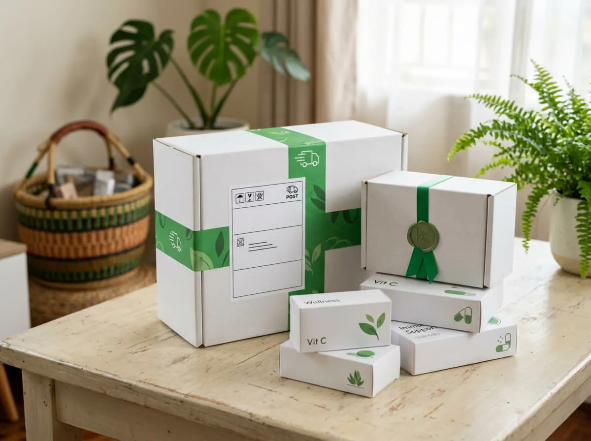 ParaHerb listo para recibir en casa: cajas blancas con cinta verde sobre una mesa de madera junto a plantas