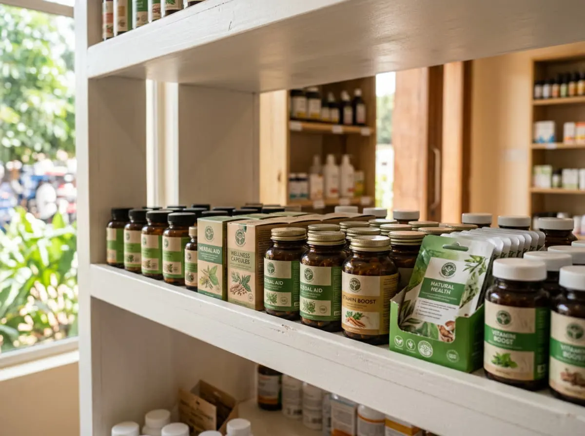 ParaHerb entre estantes con frascos y cajas de suplementos de una tienda de cadena en Colombia