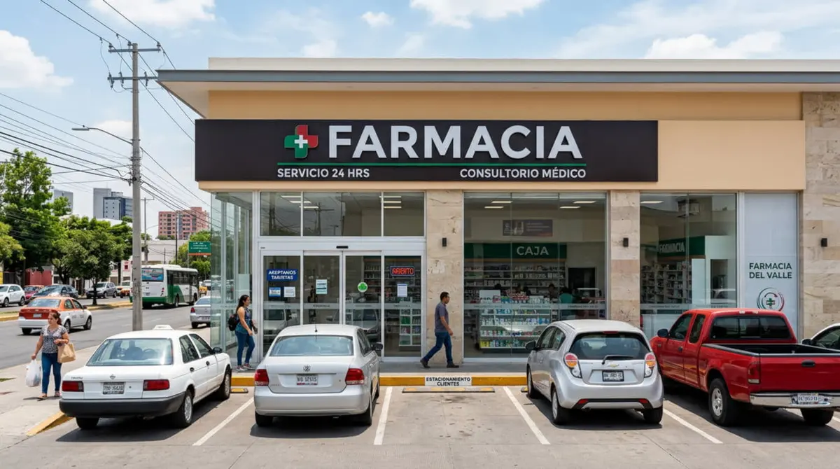 ParaHerb en Colombia: fachada de una farmacia de barrio con estacionamiento y letrero de servicio las 24 horas