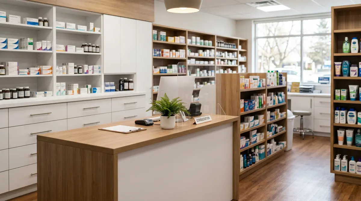 ParaHerb en una droguería de cadena: interior con mostrador de madera y estantes de productos en Colombia