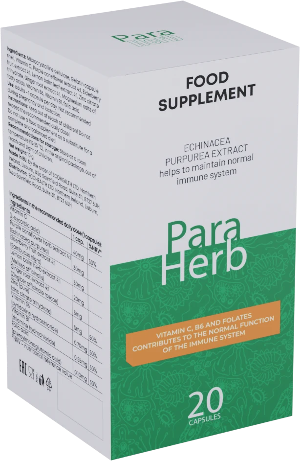 Caja de ParaHerb con la tabla de composición en español impresa por un lado