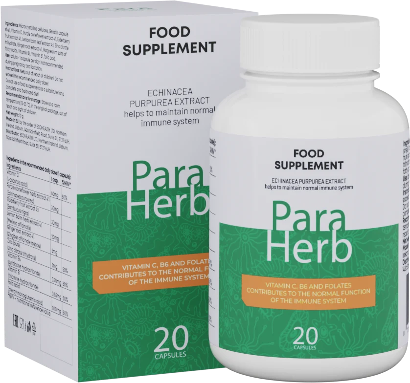 Frasco de ParaHerb con 20 cápsulas y su caja